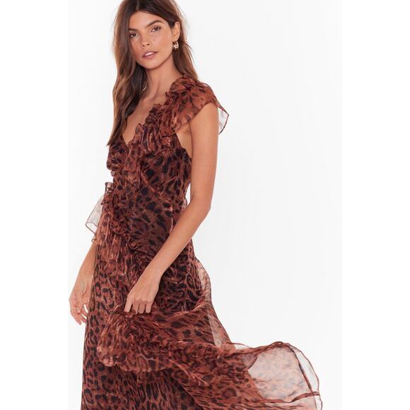 New Nasty Gal Black Magic Leopard Chiffon Ruffle Maxi Dress Long 4 Brown Formal - Picture 6 of 10
